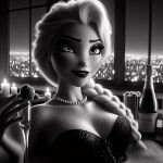   ai_generated big_breasts black_and_white braid eating elsa_(frozen) frozen_(movie) fruit long_hair makeup necklace noir pearl_necklace white_hair wine