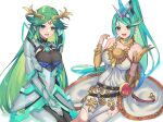  2_girls alluring ancient_greek_clothes armlet big_breasts bracelet bracer chest_jewel chiton company_connection cosplay costume_switch crossover dress female_focus green_eyes green_hair high_res jewelry kid_icarus kid_icarus_uprising long_hair matching_hair/eyes multiple_girls nintendo palutena pneuma_(xenoblade) ponytail single_thighhigh stockings strapless strapless_dress tiara trait_connection very_long_hair white_legwear xenoblade_(series) xenoblade_chronicles_2 yasaikakiage 