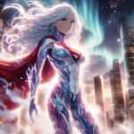  ai_generated bodysuit cape city city_background city_lights cityscape dc_comics dc_comics floating_hair fluttering_cape fog glowing glowing_body long_hair looking_away night northern_lights one-piece_suit red_cape stars supergirl superman_crest superman_logo white_hair 