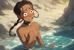  ai-generated avatar:_the_last_airbender black_hair blue_eyes blush braid collar completely_nude dark-skinned_female embarrassed female_focus flat_chested katara nickelodeon nipples nude open_mouth small_breasts water 