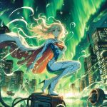 ai_generated blonde blonde_female blonde_hair bodysuit boots cape city city_background city_lights cityscape dc_comics dc_comics floating_hair green_eyes heeled_boots high_heels long_boots long_hair long_sleeves looking_at_viewer night night_light northern_lights pose red_cape supergirl superman_crest superman_logo white_cape white_clothing