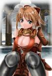 1041_(toshikazu) 1girl alluring alternate_costume armor big_breasts blonde_hair bow breasts cassandra_alexandra cleavage green_eyes hair_bow looking_at_viewer project_soul silf sitting soul_calibur soul_calibur_ii soul_calibur_iii soul_calibur_vi voluptuous