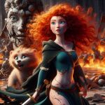 ai_generated bare_midriff bear belt blue_eyes brave cape fire freckles green_cape green_clothes green_clothing long_sleeves looking_away merida pelvic_curtain red_hair redhead semi_nude strapless sword torn_clothes wavy_hair