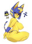  1girl 5_fingers animal_crossing ankh ankha_(animal_crossing) anthro ass big_ass big_breasts blonde_hair blue_hair bodily_fluids breasts clothing colored_nails domestic_cat felid feline felis fingers fur furry hair half-closed_eyes high_res looking_at_viewer mammal multicolored_hair nails narrowed_eyes nintendo nipples nude simple_background slugbox striped_tail stripes sweat topwear underwear uraeus video_games white_background yellow_body yellow_fur 