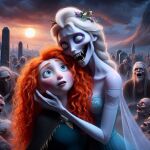 ai_generated blue_eyes braid brave cape corpse crossover dall-e3 disney dress elsa_(frozen) flower_in_hair freckles frozen_(movie) green_cape long_hair loose_hair merida red_hair redhead undead white_hair