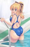  1girl alluring aqua_eyes ass blonde_hair cassandra_alexandra competition_swimsuit from_behind high_res kihaiu looking_back one-piece_swimsuit ponytail pool pool_ladder poolside silf soul_calibur soulcalibur_iv swimsuit voluptuous wading 