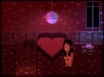  black_hair closed_eyes covered_nipples cowgirl_actress_(lakeview_cabin_2) disco_ball grin heart_bed lakeview_cabin lakeview_cabin_2 nightstand pixel_art pubic_hair room roope_tamminen solo solo_female standing window 