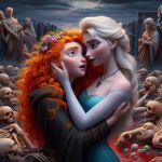 about_to_kiss ai_generated blonde_female blonde_hair blue_dress blue_eyes braid brave cape crossover dall-e3 disney dress elsa_(frozen) flower_in_hair freckles frozen_(movie) grabbing_face green_cape long_hair long_sleeves looking_at_another loose_hair merida necklace red_hair redhead skeleton statue