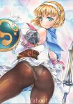  1girl 1girl alluring aqua_eyes artist_name ass at_classics bangs big_breasts blonde_hair blush breasts brown_legwear cassandra_alexandra cleavage closed_mouth elbow_gloves eyebrows_visible_through_hair from_behind gloves hairband holding holding_shield holding_sword holding_weapon looking_at_viewer looking_back panties panties_under_pantyhose pantyhose sample shield short_hair silf smile soul_calibur soul_calibur_ii sword traditional_media underwear voluptuous watermark weapon white_gloves 