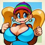  1girl ai_generated anthro big_breasts blonde_hair blue_eyes brown_fur donkey_kong_(series) earrings female_focus furry furry_female hat nintendo rareware simple_background tiny_kong twin_tails 