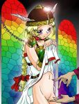 blonde_hair blue_eyes braided_hair chain collar krino_sandra_(vnd) legend_of_valkyrie namco pubic_hair pussy shirt_lift stained_glass valkyrie valkyrie_(vnd) valkyrie_no_densetsu winged_helmet