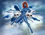  blue_skin breasts erect_nipples hairless_pussy huge_breasts marvel mystique nipples nude pussy red_hair signature skull solo spread_legs x-men 