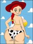  1girl 1girl ass bra cowboy_hat disney from_behind jessie_(toy_story) looking_back looking_down panties red_hair saputodraws toy_story 
