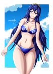  1girl alluring alternate_costume ass_visible_through_thighs bare_legs bikini blue_bikini blue_eyes blue_hair blue_swimsuit breasts collarbone female_only fire_emblem fire_emblem:_awakening looking_at_viewer lucina lucina_(fire_emblem) nintendo outside small_breasts smile sonicheroxd tiara 