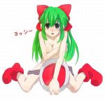  1girl arm arms boots bow breasts cleavage covering covering_breasts covering_crotch covering_pussy green_eyes green_hair hair humanized legs mario_(series) nintendo nude rule_63 saddle simple_background solo super_mario_bros. text translated yoshi 