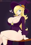 1_girl 1girl 2019 big_breasts blonde_hair blue_eyes breasts cleavage crossed_legs_(sitting) earrings female female_only hair_over_one_eye jinu looking_at_viewer nintendo princess_rosalina rosalina royalty solo_female solo_focus star_earrings super_mario_bros. witch witch_hat witch_rosalina