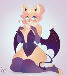  1girl anthro bat_wings big_breasts blue_eyes blush breasts cosplay dog glasses mrscurlystyles on_knees original original_character simple_background solo solo_female solo_focus tail thighhighs wings 