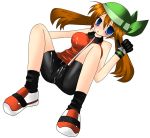 1girl :o arm arms art artist_request babe bandana bandanna bare_arms bare_legs bare_shoulders big_breasts bike_shorts black_socks blue_eyes blush breasts brown_hair clenched_hand collared_shirt cum empty_eyes gloves green_bandanna legs long_hair looking_at_viewer may_(pokemon) nintendo open_mouth orange_clothes pokemon pokemon_(anime) pokemon_(game) pokemon_rse shirt shorts simple_background sleeveless sleeveless_shirt sneakers socks spread_legs white_background