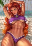  1girl beach breasts dandon_fuga dc_comics green_eyes hammock high_res koriand&#039;r pose red_hair smirk starfire teen_titans under_boob 