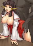 1girl aq_interactive arcana_heart ass ass_grab atlus bent_over big_breasts breasts brown_eyes brown_hair clothed_female_nude_male dark-skinned_male doggy_position examu interracial japanese_clothes jony_laser jonylaser kasuga_maori male/female maori_kasuga midriff miko nipples open_mouth sex solo_focus table tears tongue tongue_out twin_tails vaginal