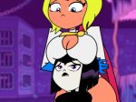 adult animated boob_hat bouncing_breasts breast_press dc_comics gif looking_at_another loop power_girl pyramid_(artist) raven_(dc) room suffocated teen teen_titans teen_titans_go young_adult yuri