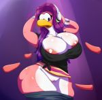 1girl animal_genitalia areola_slip artist_signature ass avian big_areola big_ass big_breasts black_shirt breast_squeeze breasts club_penguin club_penguin_island curvy disembodied_penis dj_cadence gradient_hair hb-viper headphones huge_ass huge_breasts looking_at_breasts multicolored_skin multiple_penises necklace necklace_between_breasts nipple_bulge penguin pink_and_white pink_areola pink_pussy pink_skin purple_background purple_hair pussy shiny_ass shiny_breasts striped_shirt thick_thighs tied_shirt voluptuous white_skin