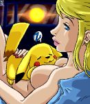  1girl after_sex arm babe bare_shoulders beastiality big_breasts blonde blonde_hair breasts couple e! furry happy_sex lips lipstick looking_at_viewer looking_to_the_side love lowres lying metroid nail_polish neck nintendo nude on_back pikachu pink_lipstick pokemon pokephilia red_nails samus_aran size_difference sleeping smile super_smash_bros. 