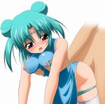  1girl absurdres aqua_hair bare_shoulders blush breast_grab breast_squeeze breasts canal_vorfeed china_dress chinadress chinese_clothes doggystyle dress erect_nipples from_behind grabbing highres lost_universe panties panty_pull purple_eyes saliva solo solo_focus sugimura_tomokazu thighhighs tomokazu_sugimura underwear white_legwear white_thighhighs 