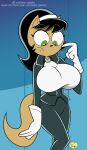  1girl 1girl big_breasts black_hair brown_fur clothed domestic_cat green_eyes ilpanza kitty_katswell looking_down nickelodeon standing t.u.f.f._puppy 