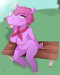 1girl 1girl absurd_res animal_crossing anthro ascot breasts female/female genitals high_res horn hound_wolf humanoid mammal navel nintendo nipples nude outside pussy ren&eacute;e_(animal_crossing) renee_(animal_crossing) rhinocerotoid sitting slightly_chubby smile tongue tongue_out video_games