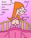  1girl 1girl bed big_breasts blue_eyes breast_expansion breasts breasts_out candace_flynn female_only helix human long_hair nipples orange_hair phineas_and_ferb 
