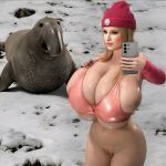 1girl 3d animal big_breasts blonde_hair bra breasts digital_media_(artwork) elephant_seal hat massive_breasts outside phone pussy samsung selfie sleeves smartphone snow