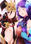  2_girls alluring big_breasts black_hair breasts breasts_out brighid brighid_(xenoblade) cum cum_on_breasts female_only long_hair mokki morag_ladair morag_ladair_(xenoblade) nintendo purple_hair small_breasts symmetrical_docking xenoblade_(series) xenoblade_chronicles_2 