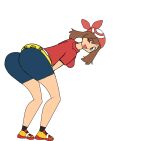   2024 ass ass blue_eyes blue_shorts brown_hair fully_clothed may_(pokemon) pokemon red_shirt red_shoes winking_at_viewer