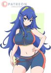  1girl alluring alternate_costume ass_visible_through_thighs bare_arms bare_midriff bare_thighs big_breasts bikini blue_bikini blue_eyes blue_hair blue_swimsuit female_only fire_emblem fire_emblem_awakening fire_emblem_cipher long_hair lucina lucina_(fire_emblem) midriff nintendo noboru_revista official_alternate_costume simple_background smile swimsuit thighs tiara very_long_hair white_background 