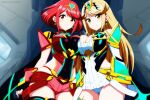 2_girls alluring big_breasts blonde_hair cleavage clothed koikoi_(artist) mythra nintendo panties pyra red_eyes red_hair xenoblade_(series) xenoblade_chronicles_2 yellow_eyes