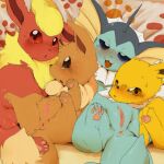 1girl bed brown bule eevee eeveelution eeveelutions females flareon jolteon no_guys no_males no_man orange paws pokemon pussy red tails vaginal vaporeon white yellow
