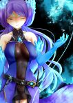 1girl alluring bare_shoulders big_breasts blue_fire blue_gloves brighid brighid_(xenoblade) center_opening chest_jewel covered_navel cowboy_shot dagger fiery_hair fire gloves high_res knife long_hair nayuta-kanata one_eye_closed purple_eyes purple_hair very_long_hair weapon xenoblade_(series) xenoblade_chronicles_2