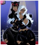  2_girls black_cat_(marvel) bodysuit catwoman crossover dc_comics ghostlessm goggles_on_head marvel mask torn_clothes white_hair 