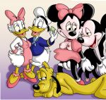  2_girls 3boys alternate_breast_size black_hole_sun daisy_duck disney donald_duck gradient_background male mickey_mouse mickey_mouse_shorts minnie_mouse nipples penis pluto simple_background soft_feathers 
