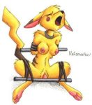 almafeta bdsm bondage breasts closed_eyes creatures_(company) digitigrade electric_type_pokemon female full_body furry game_freak gen_1_pokemon nintendo nipples nude open_mouth penis pikachu pokemon pokemon_(anime) pokemon_(creature) pokemon_(game) pokemon_(species) pussy rope solo spread_legs spreader_bar spreading stripes tail white_background yellow_fur