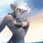 1girl anthro areola big_breasts bikini blush bra breasts clouds female_only fox furry grey_hair high_res highres looking_at_viewer middle_finger navel nipple nipple_slip short_hair side-tie_bikini silver_hair sky slit_pupils smile solo_female swimsuit tsampikos uncensored upper_body water wet white_hair yellow_eyes