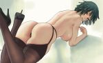 1girl 1girl ass back bent_knees bent_over big_breasts breasts closed_mouth clothing crossed_ankles elbow_rest extremely_high_resolution footwear fubuki_(one-punch_man) garter_straps green_eyes green_hair hanging_breasts high_heels high_resolution large_filesize lingerie lips looking_back medium_hair mostly_nude nipples one-punch_man pantyhose shoes short_hair sideboob stockings stockings topless very_high_resolution zefrableu 