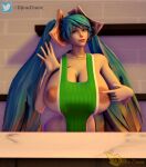  1girl 3d 3d_(artwork) ahegao apron apron_only artist_name big_breasts big_nipples blue_eyes blue_hair curvaceous curvy curvy_female curvy_figure djinnzinnie grin hair_ornament high_res high_resolution horns iced_latte_with_breast_milk league_of_legends league_of_legends:_wild_rift light-skinned_female light_blue_background light_skin looking_pleasured midriff milk naked_apron nipple_slip painted_nails saliva smirk sona_buvelle thick_thighs thighs tongue_out twitter_username uncensored 