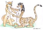 black_hair blonde_hair breasts canine chakat couple duo erect_nipples fennec fox furry futanari hair herm holding intersex kneeling leanna long_hair looking_at_each_other nipples nude opal_weasel opal_weasel_(artist) orange_fur peeking penis pussy sheath spots tail taur uncensored whiskers white white_background yellow