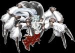 animal_ears arachnid big_breasts black_background blue_eyes breasts dark_elf drider drow dungeons_and_dragons goddess lolth lolth_(spider_form) long_hair looking_at_viewer monster_girl nipples ponytail shirt simple_background skirt spider torn_clothes very_long_hair white_hair