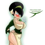  avatar:_the_last_airbender big_breasts blind blush dialogue earth_kingdom huge_breasts rogueartlove spanish talking talking_to_viewer toph_bei_fong unseen_character unseen_male 
