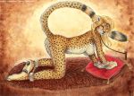  all_fours anthro bondage breasts cheetah collar female furry handcuffs leash looking_at_viewer nude pillow sekhmet_(artist) sideboob solo 