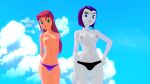 1girl 2_girls 3d 3d_(artwork) bikini bikini_bottom black_bikini black_swimsuit breasts breasts_out butts69420 dc_comics exposed_breasts female_only high_res illusion_soft koikatsu nipples older older_female purple_bikini purple_swimsuit raven_(dc) starfire swimsuit teen_titans topless young_adult young_adult_woman