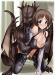 1girl abubu all_fours arm_warmers bent_over blue_eyes blush boots breasts brown_hair buckle censored cleavage cum doggy_position dragon furry gloves huge_breasts kneel leather monster nounanka original original_character scaley sex solo_focus strap vaginal